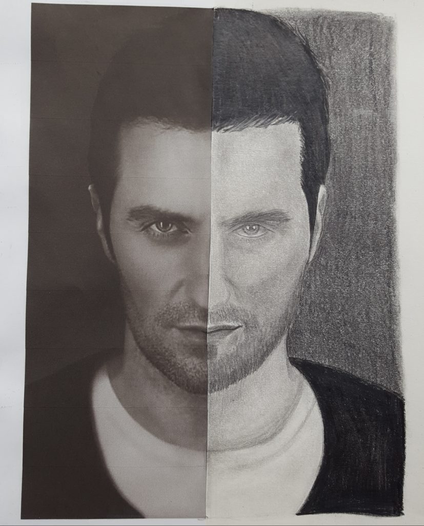 a pencil drawing of Richard Armitage's face with a paralleled black-and-white-shot of Armitage that the drawing was based on