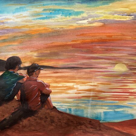 a painting of a couple watching a sun set over a lake