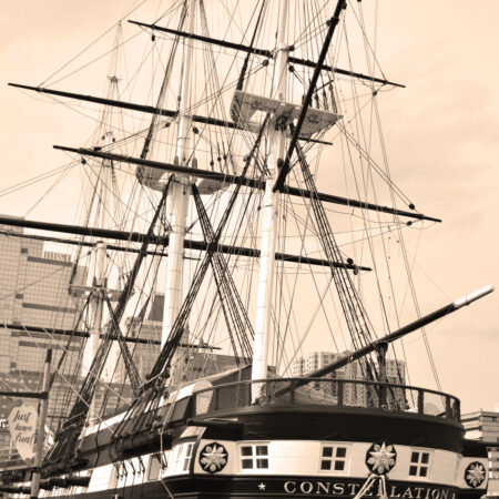 a photo of the ship, The Constellation, in a sepia tone
