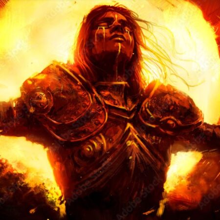 artwork of a warrior in front of the sun