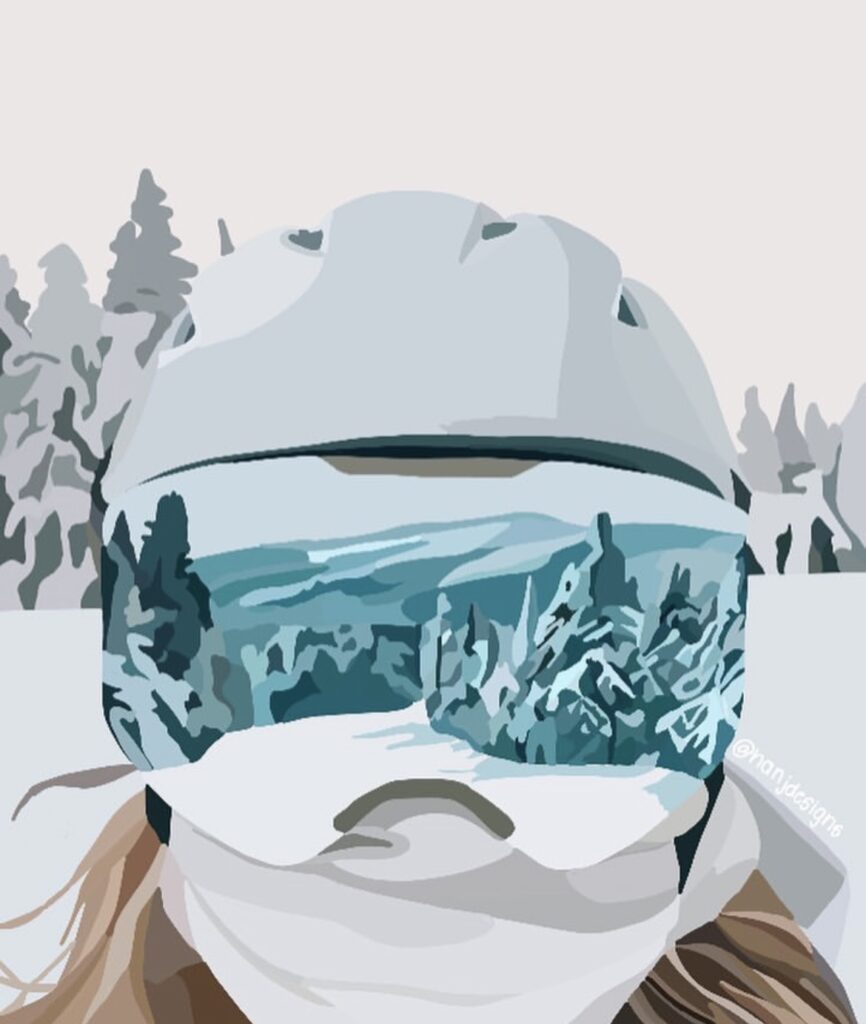 Digital artwork of person in a ski mask, reflection of mountains and snow in ski mask 