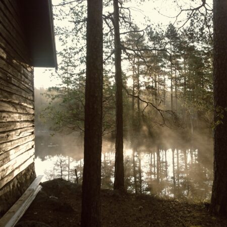 Misty lake by house
